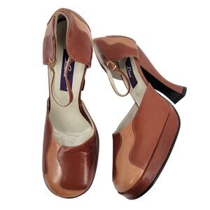 Baci Size 7 Leather High Heels Two Tone Brown Round Toe Vintage Y2K Chunky Retro